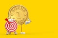 Golden Loyalty Program Bonus Coin Person Character Mascot with Archery Target and Dart in Center. 3d Rendering