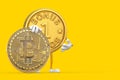 Golden Loyalty Program Bonus Coin Person Character Mascot with Digital and Cryptocurrency Golden Bitcoin Coin. 3d Rendering