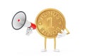 Golden Loyalty Program Bonus Coin Person Character Mascot with Red Retro Megaphone. 3d Rendering Royalty Free Stock Photo