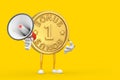 Golden Loyalty Program Bonus Coin Person Character Mascot with Red Retro Megaphone. 3d Rendering