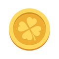 Golden lucky coin with clover leaves. St.Patrick 's Day. Vector illustration. EPS 10