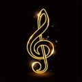 Golden luminous contour of the treble clef on a dark background,