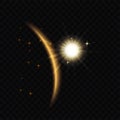 Golden luminous eclipse in dark space, curve planet edge with glowing light effect