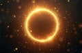 Golden luminous ring sparkles with tiny bright particles. Round glowing frame with dynamic light effects in dark space. Abstract Royalty Free Stock Photo