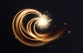 Golden luminous swirl shape, abstract light effect, sparkling neon trail of flying stars