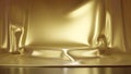 Golden luxurious fabric or cloth placed on top pedestal or blank podium shelf. 3d rendering