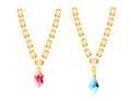 Golden luxury necklace with golden chain and red blue gems vector illustration on white background