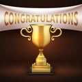 Golden luxury trophy cup with white textile banner and congratulations text vector illustration Royalty Free Stock Photo