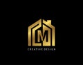 Golden M Letter Logo. Minimalist gold house shape with negative M letter, Real Estate Building Icon Design