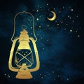 Golden magic oil lantern or kerosene lamp over blue night sky background with gold moon and stars hand drawn vector illustration.