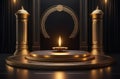illuminated pedestal, copper candlesticks, golden glow, round premium podium, majestic columns, burning