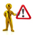 Golden man and warning attention sign with exclamation mar Royalty Free Stock Photo
