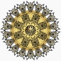 Golden mandala with damask floral pattern, arabesque, fretwork, round oriental ornament. Abstract traditional finely woven decor f