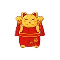 Golden Maneki Neko Japanese good luck cat on a white isolated background. Statuette in a red kimono. Symbol wealth