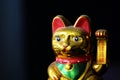 Golden Maneki Neko, the Lucky Cat, covered with dust. The concept of time and expectation of good luck