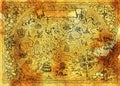 Golden map of fantasy world with dragon, pirate ship, mermaid, elf, goblin on blue