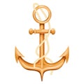 Golden Marine Boat Anchor with rope. Marine element.