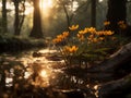 Golden marsh marigolds flourish along a forest stream at sunset Royalty Free Stock Photo