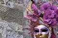 Golden mask with flowers and pink butterfly, the Venice Carnival