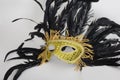 Golden mask venetian with black feathers from the side Royalty Free Stock Photo