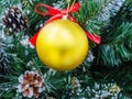 Golden matte christmas ball hanging on artificial pine branch with real cones Royalty Free Stock Photo