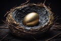 Golden matte egg in a dark nest on a dark background with scattered twigs. Golden egg as a symbol of good luck, wealth and health
