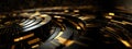 A golden maze design with a futuristic technology theme, symbolizing complex problem-solving in the digital age and the