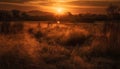 Golden meadow glows in tranquil sunset, tree silhouettes backlit generated by AI Royalty Free Stock Photo