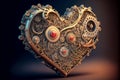 Golden mechanical heart representing the beauty and the complexity of love for Valentines Day