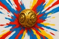 Golden Mechanical Sphere Breaking Through Color Burst â Abstract 3D Collage Art Royalty Free Stock Photo