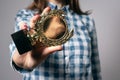 Golden medal award trophy in female hand Royalty Free Stock Photo