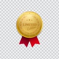 Realistic 3d Champion Gold medal with red ribbon