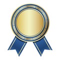 Golden medal with blue ribbon. Gold badge with blue ribbon. Blank gold medal. Champion and winner awards sports medal. Vector Royalty Free Stock Photo