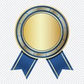 Golden medal with blue ribbon. Gold badge with blue ribbon. Blank gold medal. Champion and winner awards sports medal. Vector Royalty Free Stock Photo