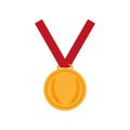 Golden medal red ribbon. Award prize, win award. Vector illustration. Royalty Free Stock Photo