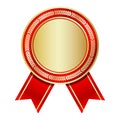 Golden medal with red ribbon. Gold badge with red ribbon. Blank gold medal. Champion and winner awards sports medal. Vector Royalty Free Stock Photo