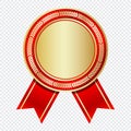 Golden medal with red ribbon. Gold badge with red ribbon. Blank gold medal. Champion and winner awards sports medal. Vector Royalty Free Stock Photo