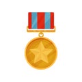 Golden medal in round shape with star in center and red-blue ribbon. Shiny award for courage. Flat vector icon Royalty Free Stock Photo