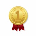 Golden medal of 1st place. Vector prize icon with red ribbon for winner. Gold trophy badge for award on isolated background.