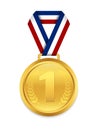 Golden medal with 1st place for winner. Award medallion with red ribbon. Trophy gold prize on isolated background. Chempionship of Royalty Free Stock Photo