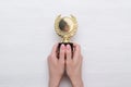 Golden medal trophy in hand. Royalty Free Stock Photo