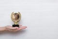 Golden medal trophy in hand. Royalty Free Stock Photo