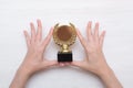 Golden medal trophy in hand. Royalty Free Stock Photo