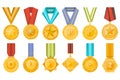 Golden medals collection with ribbons set Royalty Free Stock Photo