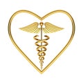 Golden Medical Caduceus Symbol in Shape of Heart. 3d Rendering Royalty Free Stock Photo