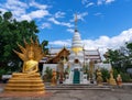 Golden meditated buddha statue with naga covered behind and white pagoda at Wat Phra That Doi Leng Temple on the Mountain with Royalty Free Stock Photo