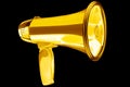 Golden megaphone black background isolated closeup, gold metal loudspeaker, loudhailer, speaking trumpet, bullhorn, announcement Royalty Free Stock Photo