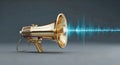 Golden megaphone emitting blue sound waves isolated on white background Royalty Free Stock Photo