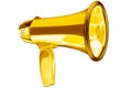 Golden megaphone white background isolated closeup, gold metal loudspeaker, loudhailer, speaking trumpet, bullhorn, announcement