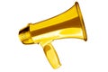 Golden megaphone white background isolated closeup, gold metal loudspeaker, loudhailer, speaking trumpet, bullhorn, announcement